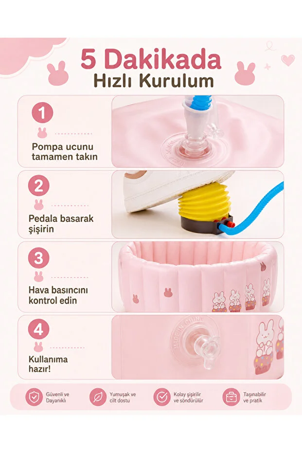 Bebek Küveti Tavşan Figürlü 0-3 Yaş Portatif Gider Tıpalı Bebek Banyo Küveti